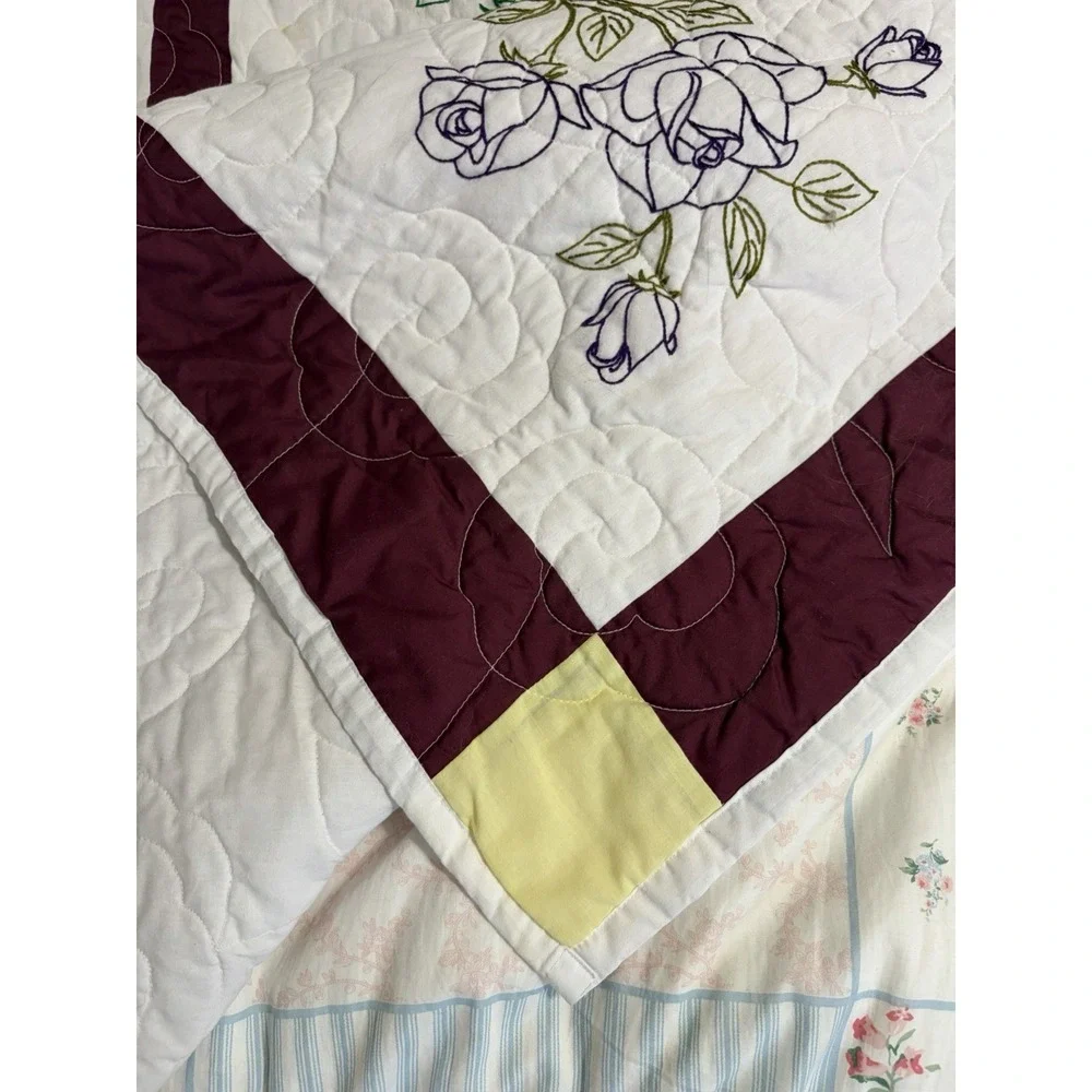 Vintage Purple Pink Yellow Floral Pattern  Embroidered Homemade Quilt 100